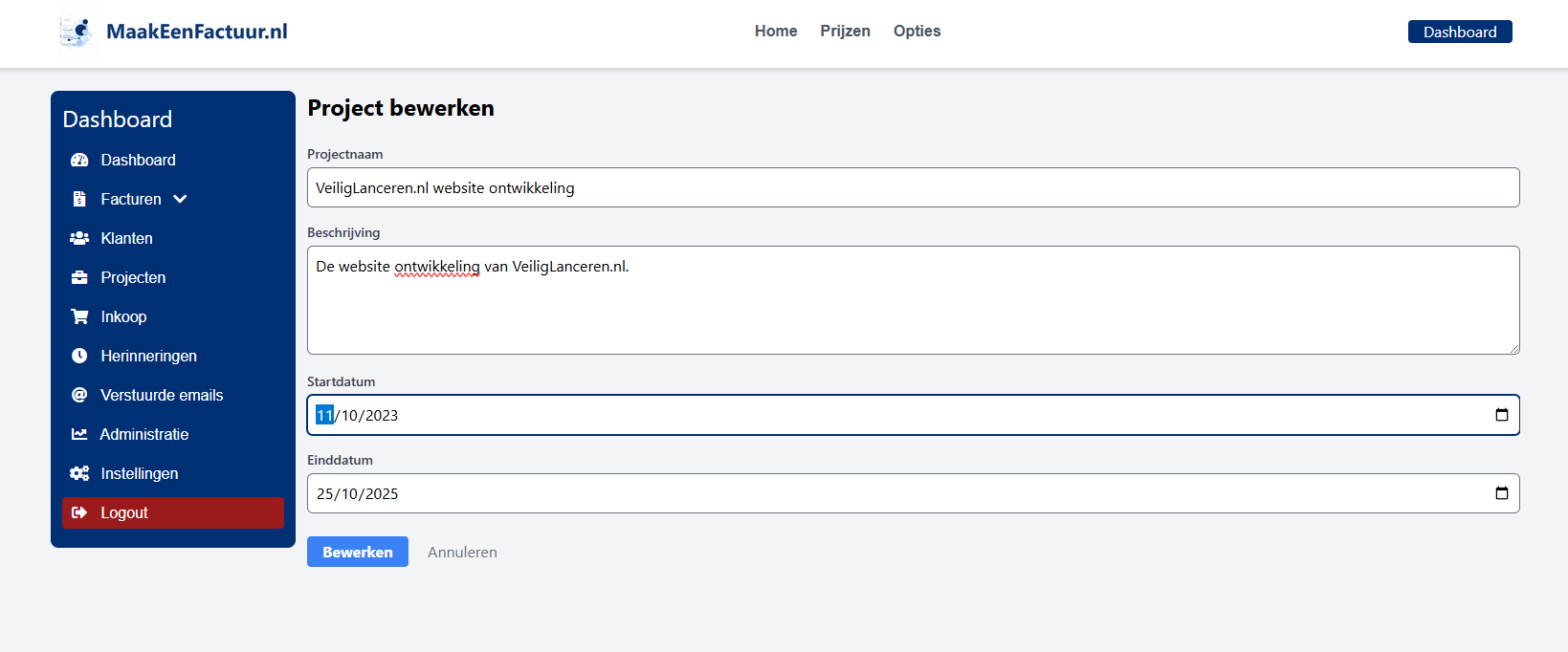 Projectbeheer interface